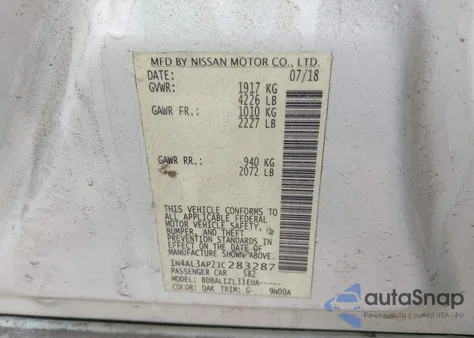 2018 Nissan Altima 2.5 Sv z USA, uszkodzony, nr VIN 1N4AL3AP2JC283287